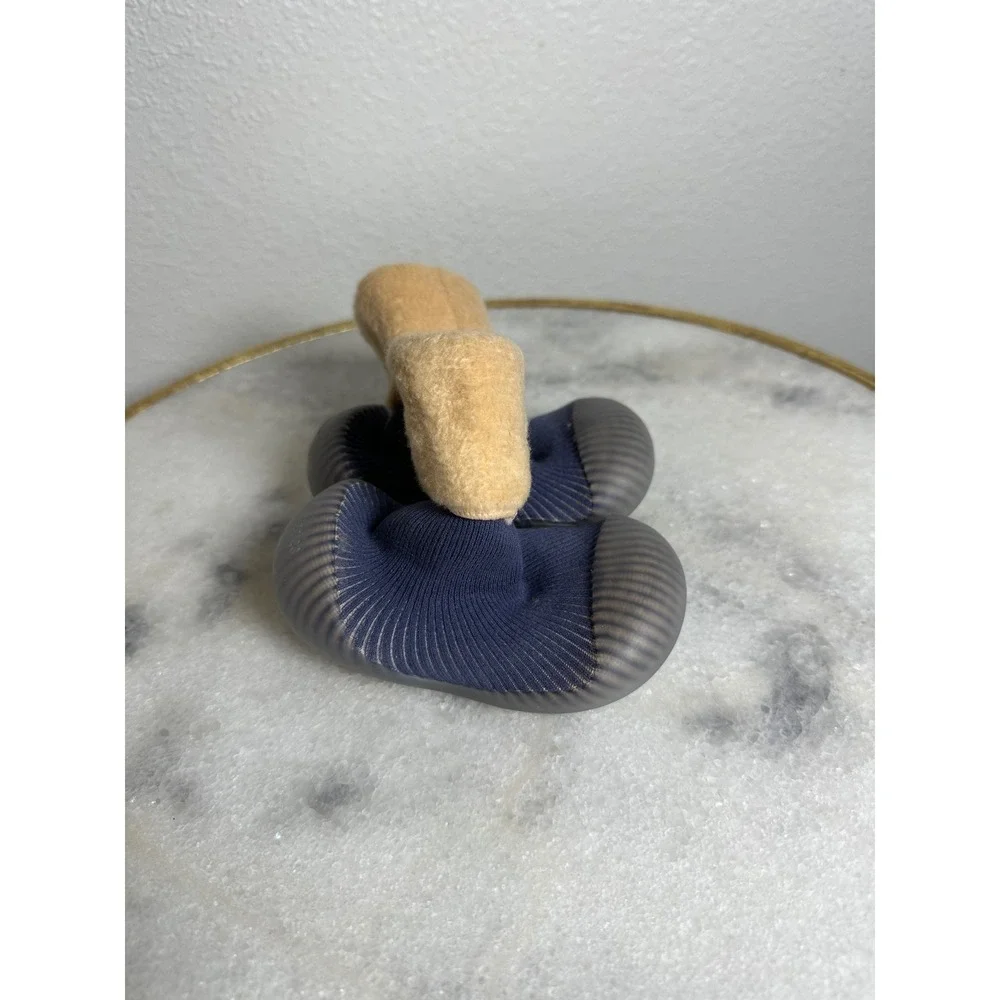 Baby Sock Shoes Navy Blue Tan Fleece Lined Non Slip Rubber Sole Toddler Booties
